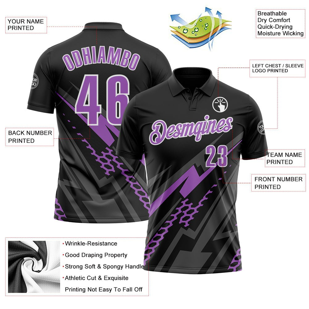 Custom Black Medium Purple Gray-White Lightning Geometric Performance Polo Shirt photo 3