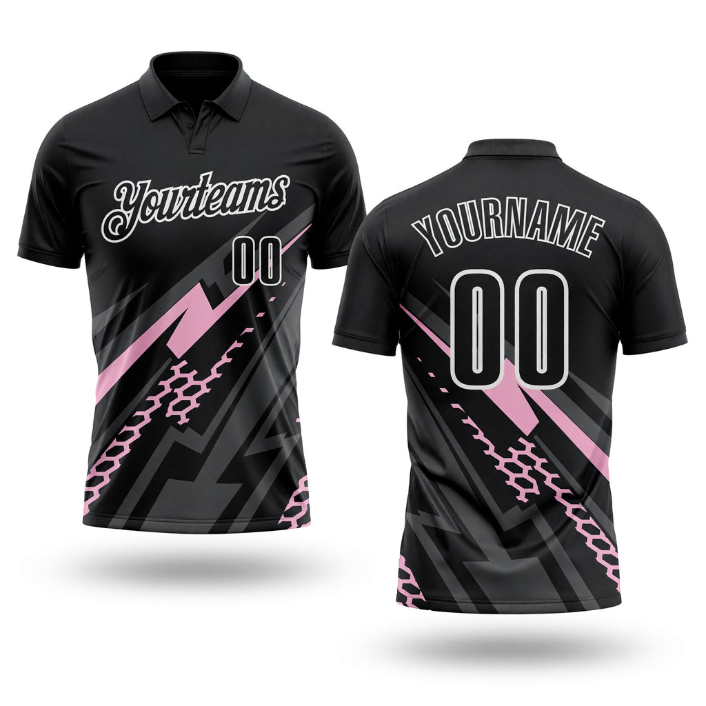 Custom Black Light Pink Gray-White Lightning Geometric Performance Polo Shirt