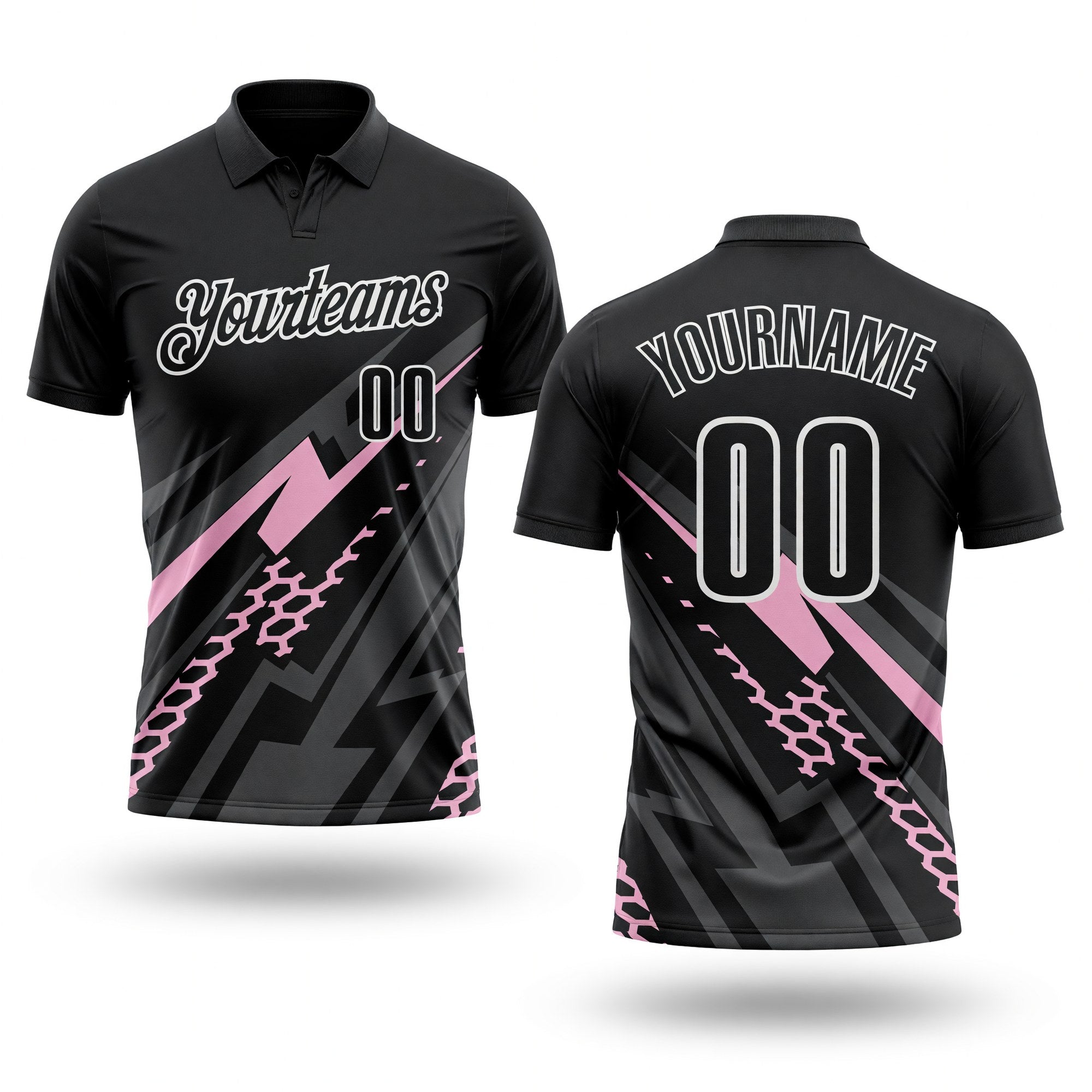 Custom Black Light Pink Gray-White Lightning Geometric Performance Polo Shirt