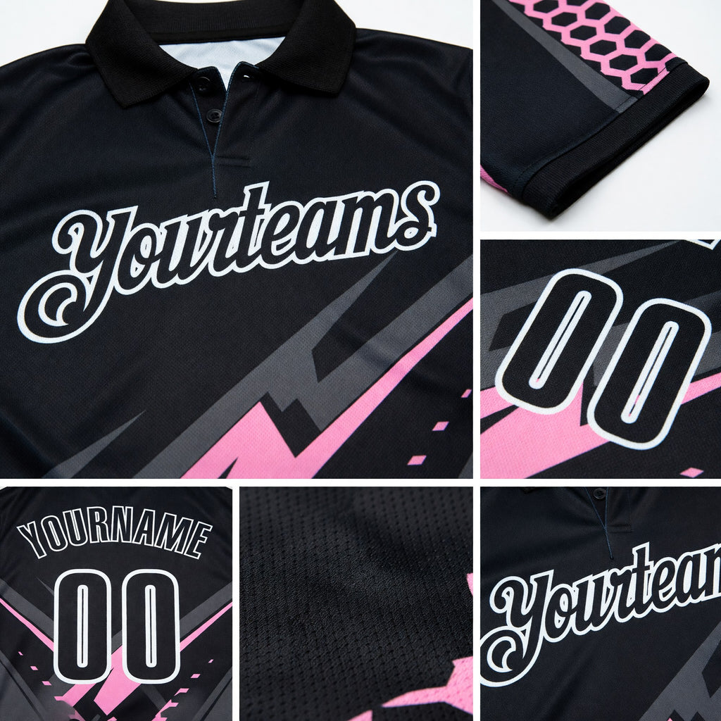 Custom Black Light Pink Gray-White Lightning Geometric Performance Polo Shirt detail