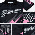 Custom Black Light Pink Gray-White Lightning Geometric Performance Polo Shirt detail