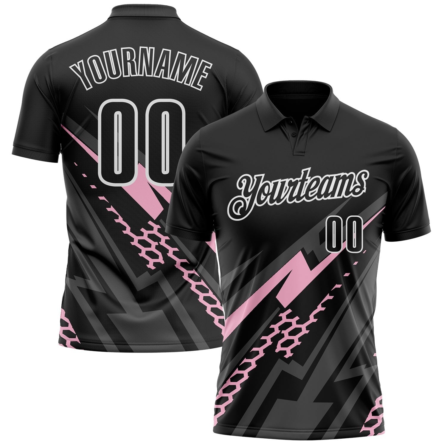 Custom Black Light Pink Gray-White Lightning Geometric Performance Polo Shirt photo 1