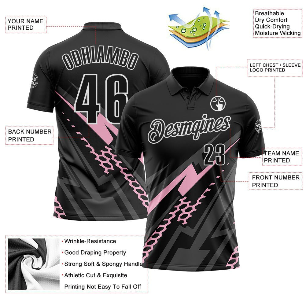 Custom Black Light Pink Gray-White Lightning Geometric Performance Polo Shirt photo 3