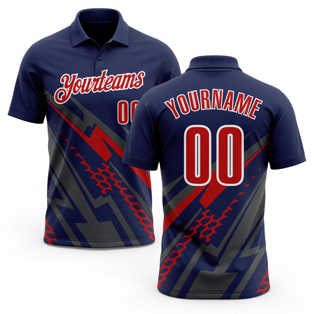 Custom Navy Red Gray-White Lightning Geometric Performance Polo Shirt