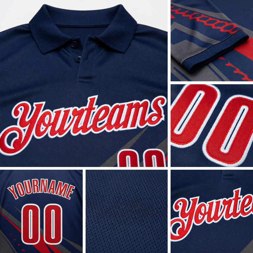 Custom Navy Red Gray-White Lightning Geometric Performance Polo Shirt detail