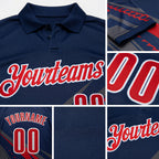 Custom Navy Red Gray-White Lightning Geometric Performance Polo Shirt detail