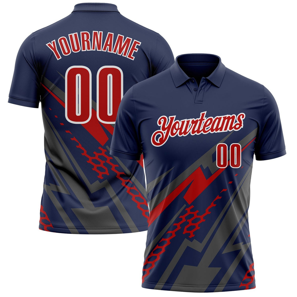 Custom Navy Red Gray-White Lightning Geometric Performance Polo Shirt photo 1