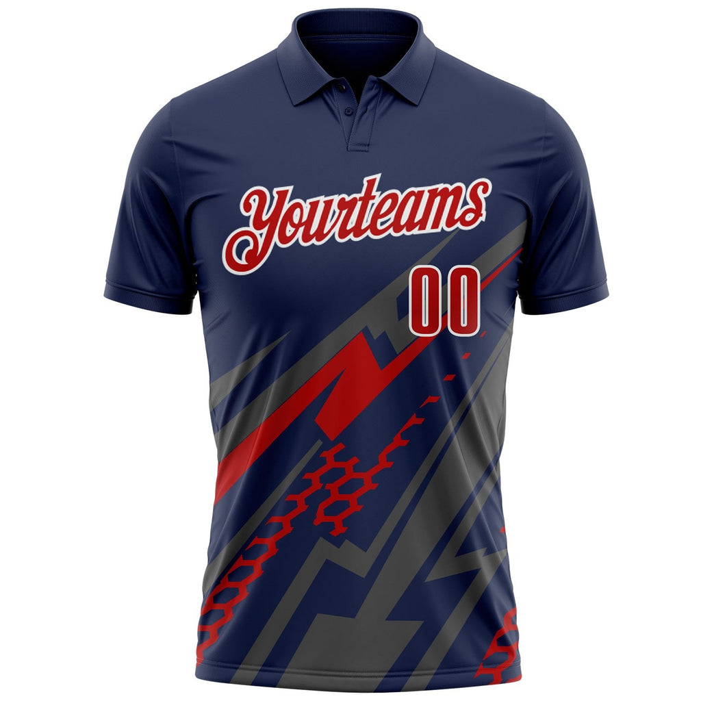 Custom Navy Red Gray-White Lightning Geometric Performance Polo Shirt photo 2