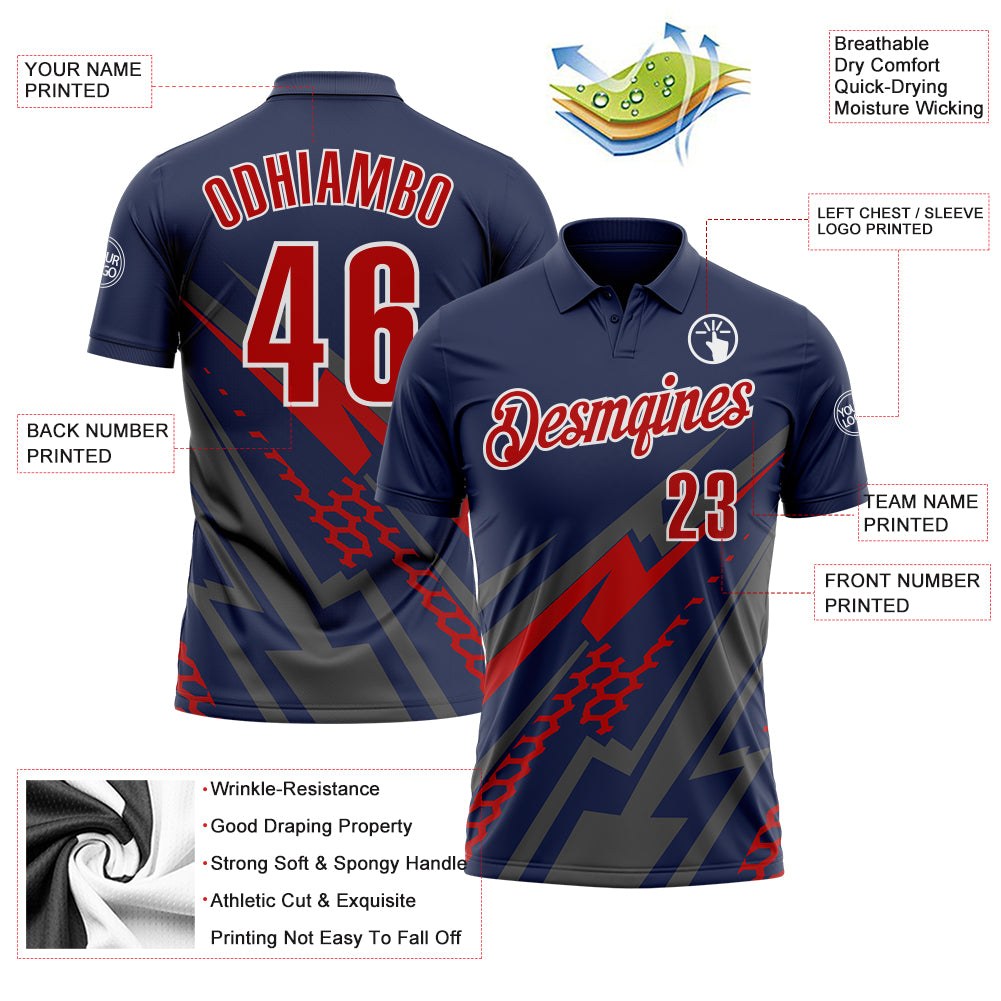 Custom Navy Red Gray-White Lightning Geometric Performance Polo Shirt photo 3