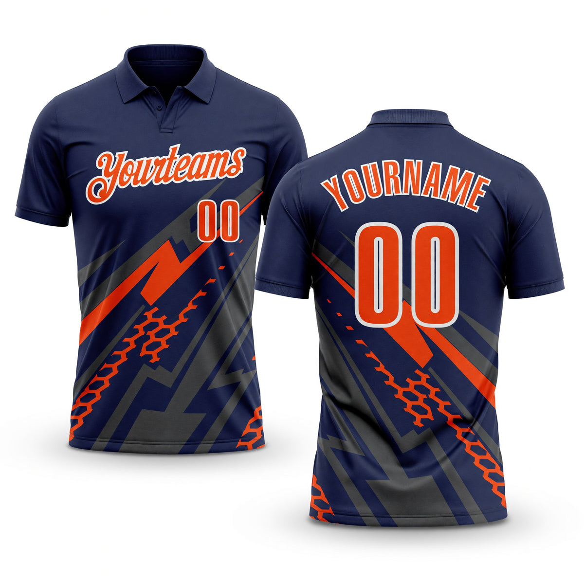Custom Navy Orange Gray-White Lightning Geometric Performance Polo Shirt