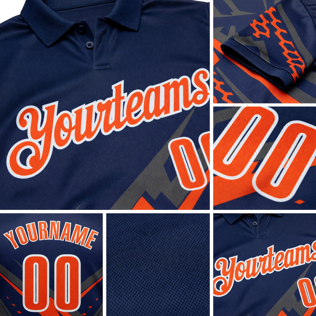 Custom Navy Orange Gray-White Lightning Geometric Performance Polo Shirt detail