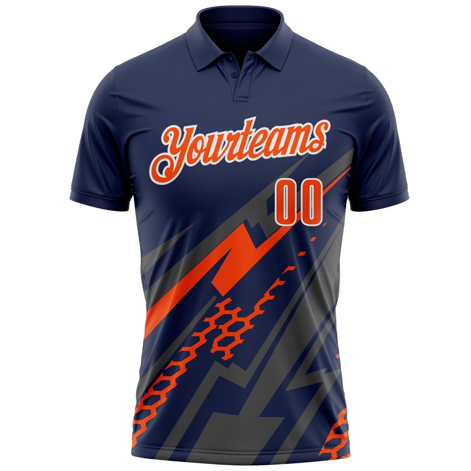 Custom Navy Orange Gray-White Lightning Geometric Performance Polo Shirt photo 2