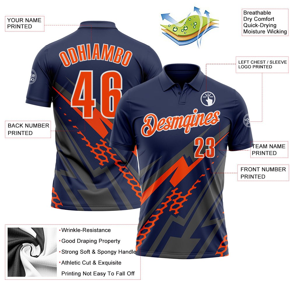 Custom Navy Orange Gray-White Lightning Geometric Performance Polo Shirt photo 3