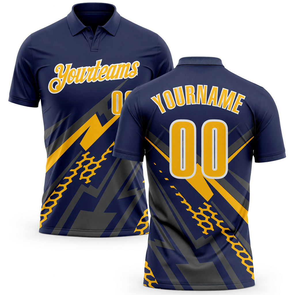 Custom Navy Gold Gray-White Lightning Geometric Performance Polo Shirt