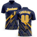 Custom Navy Gold Gray-White Lightning Geometric Performance Polo Shirt