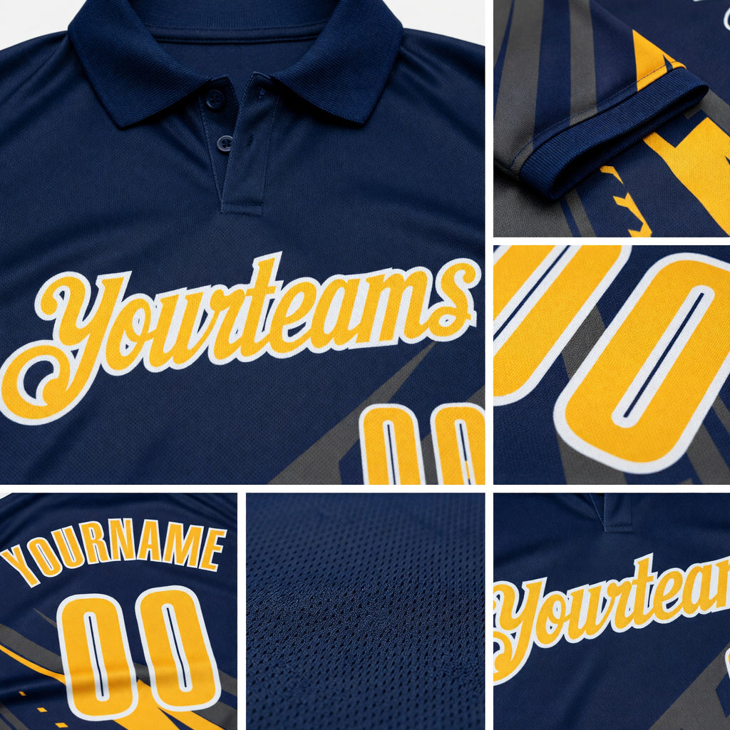 Custom Navy Gold Gray-White Lightning Geometric Performance Polo Shirt detail