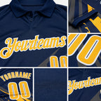 Custom Navy Gold Gray-White Lightning Geometric Performance Polo Shirt detail