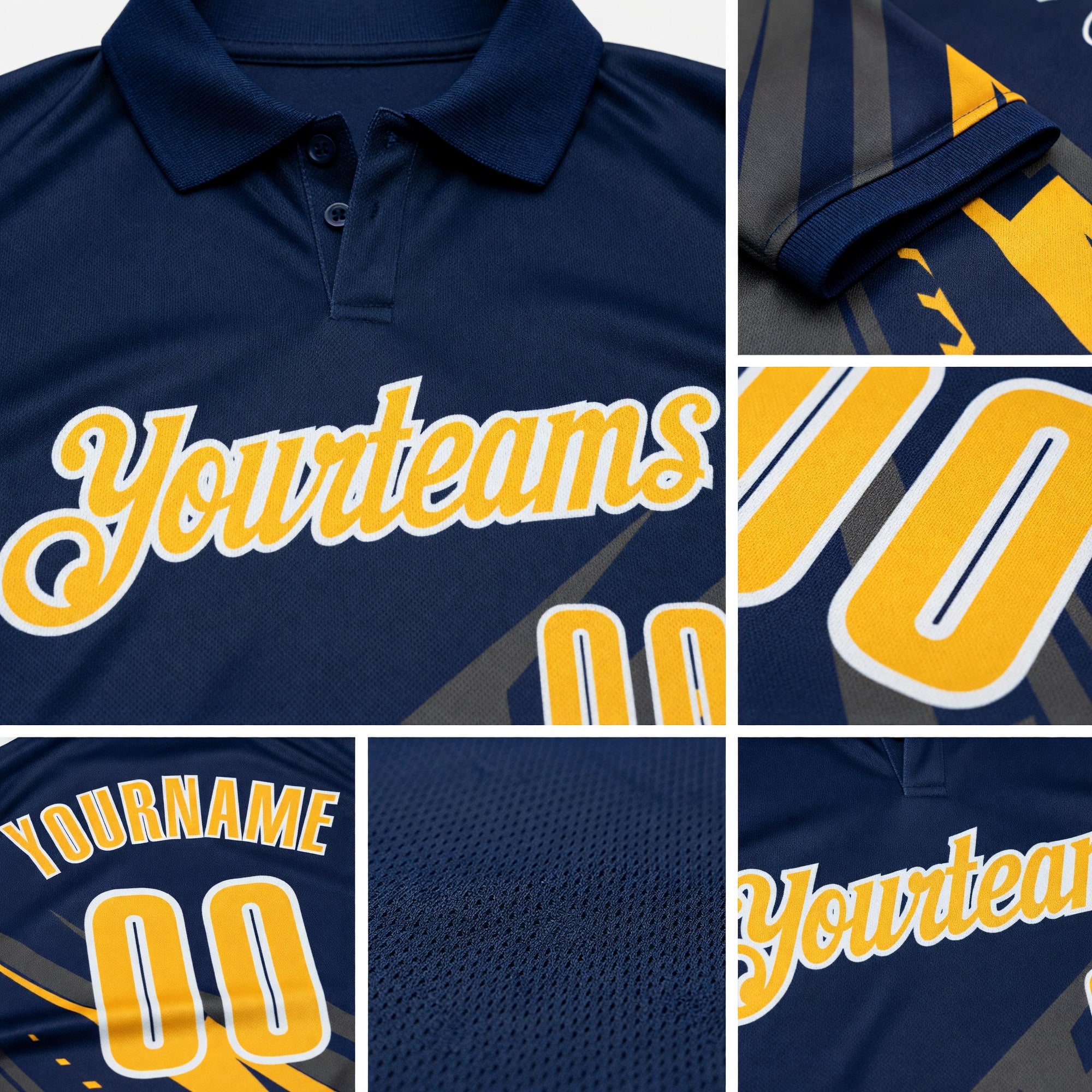 Custom Navy Gold Gray-White Lightning Geometric Performance Polo Shirt detail