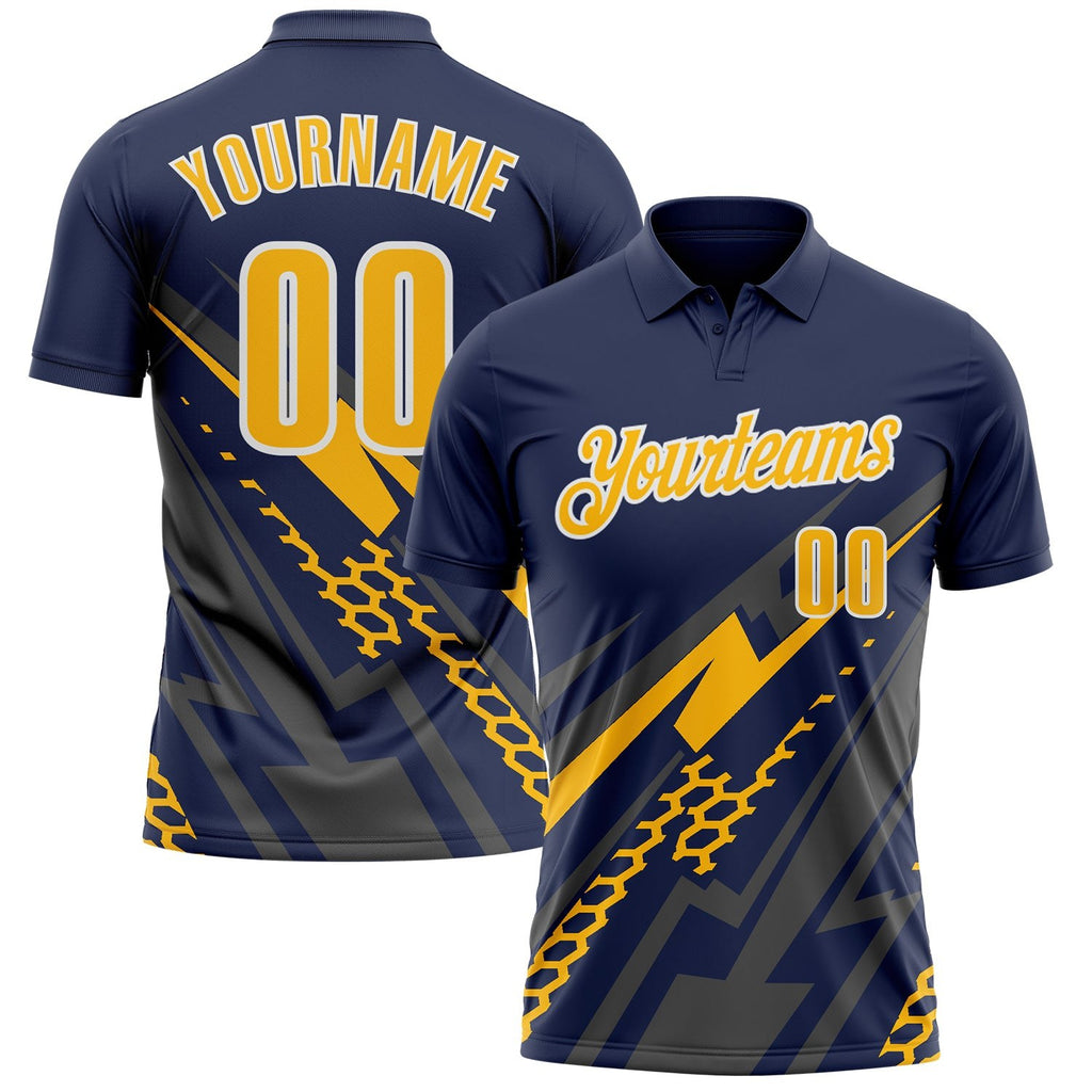 Custom Navy Gold Gray-White Lightning Geometric Performance Polo Shirt photo 1