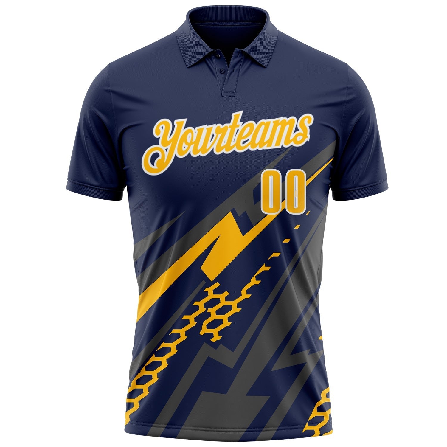 Custom Navy Gold Gray-White Lightning Geometric Performance Polo Shirt photo 2