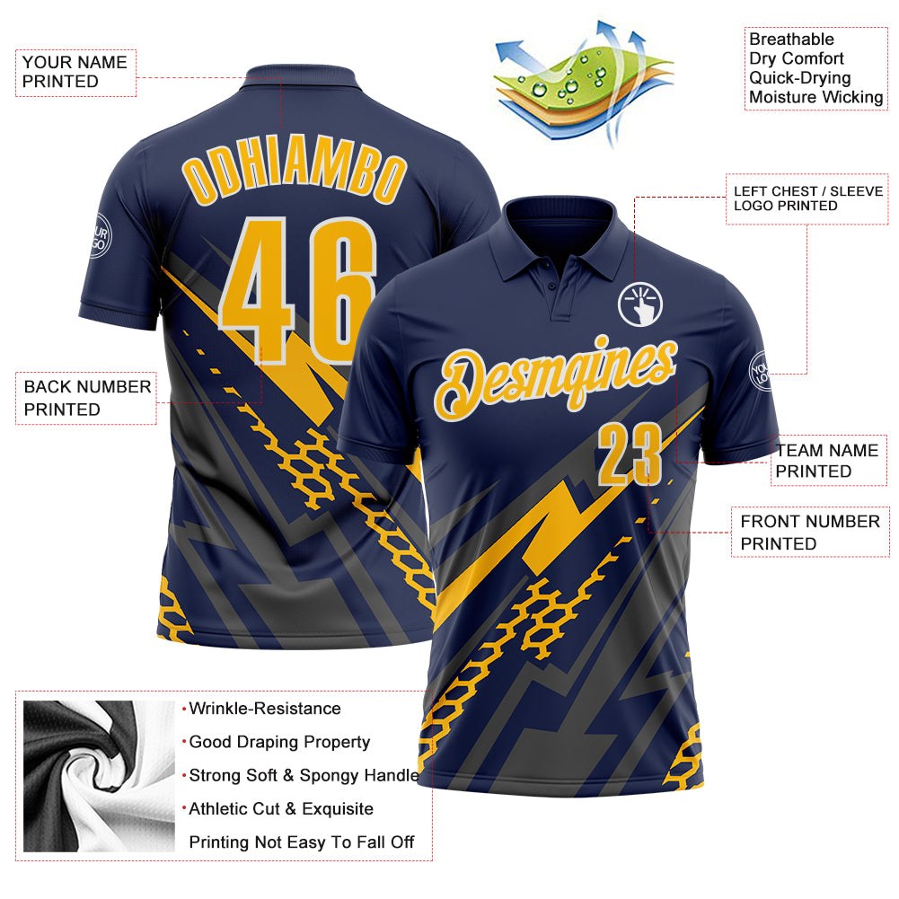 Custom Navy Gold Gray-White Lightning Geometric Performance Polo Shirt photo 3