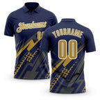 Custom Navy Old Gold Gray-White Lightning Geometric Performance Polo Shirt