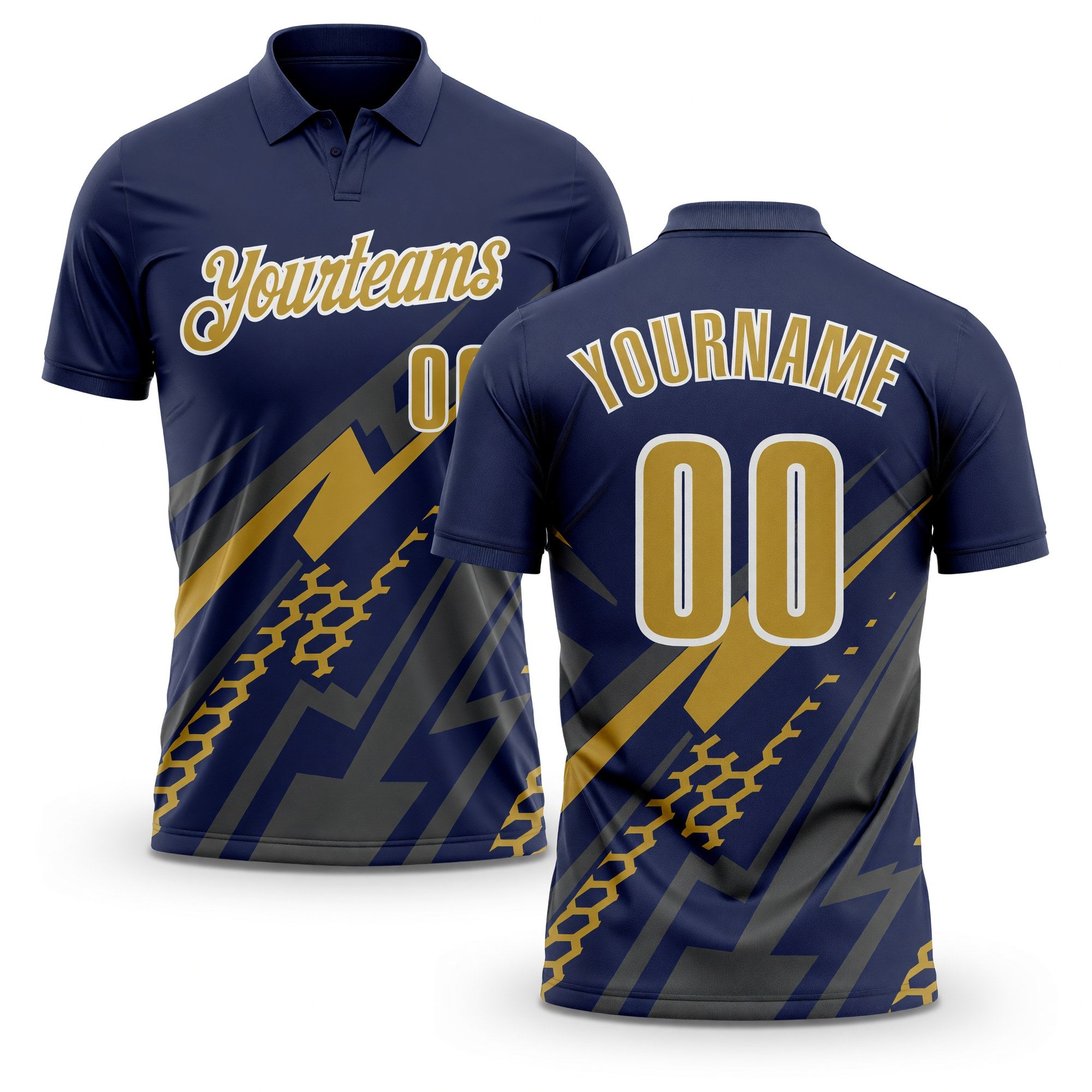 Custom Navy Old Gold Gray-White Lightning Geometric Performance Polo Shirt
