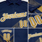 Custom Navy Old Gold Gray-White Lightning Geometric Performance Polo Shirt detail