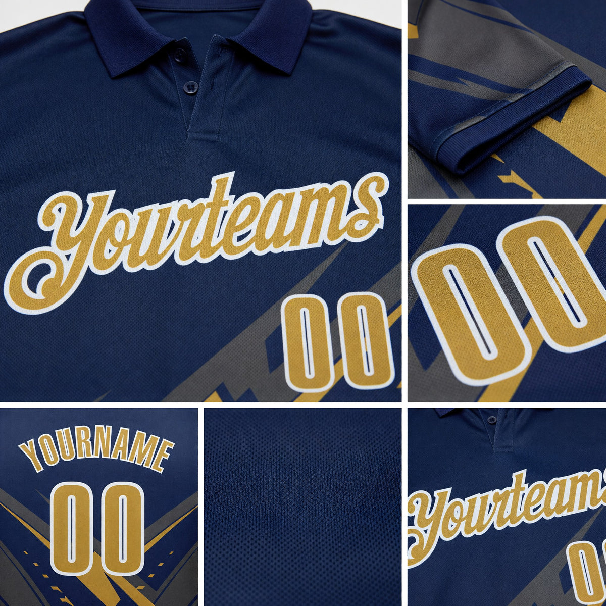 Custom Navy Old Gold Gray-White Lightning Geometric Performance Polo Shirt detail