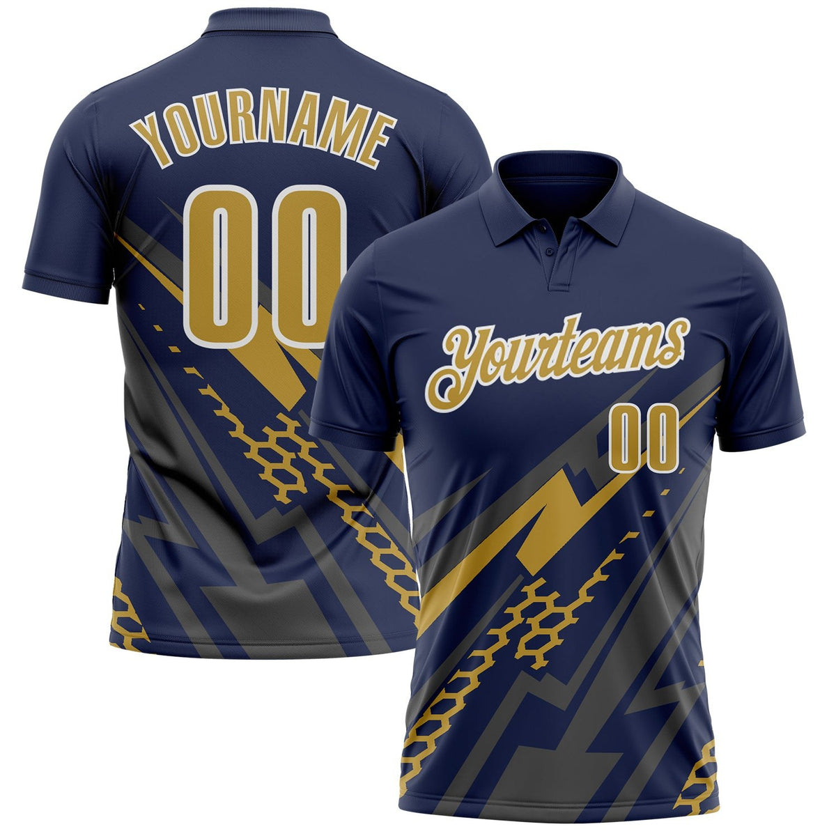 Custom Navy Old Gold Gray-White Lightning Geometric Performance Polo Shirt photo 1