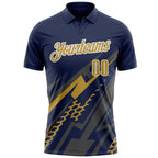 Custom Navy Old Gold Gray-White Lightning Geometric Performance Polo Shirt photo 2