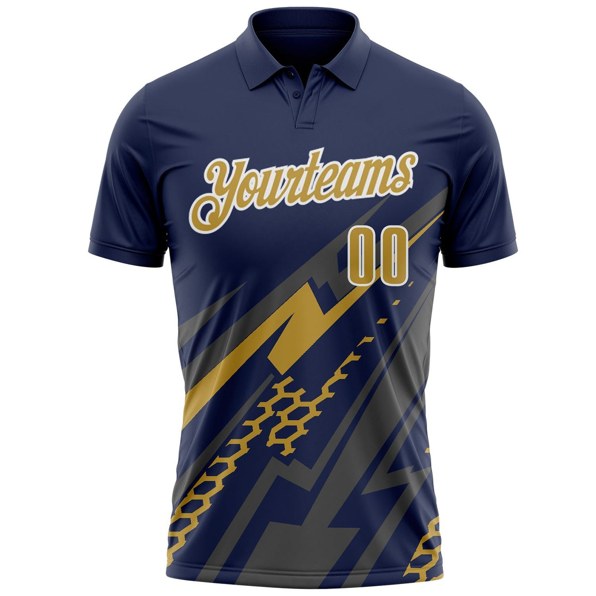 Custom Navy Old Gold Gray-White Lightning Geometric Performance Polo Shirt photo 2