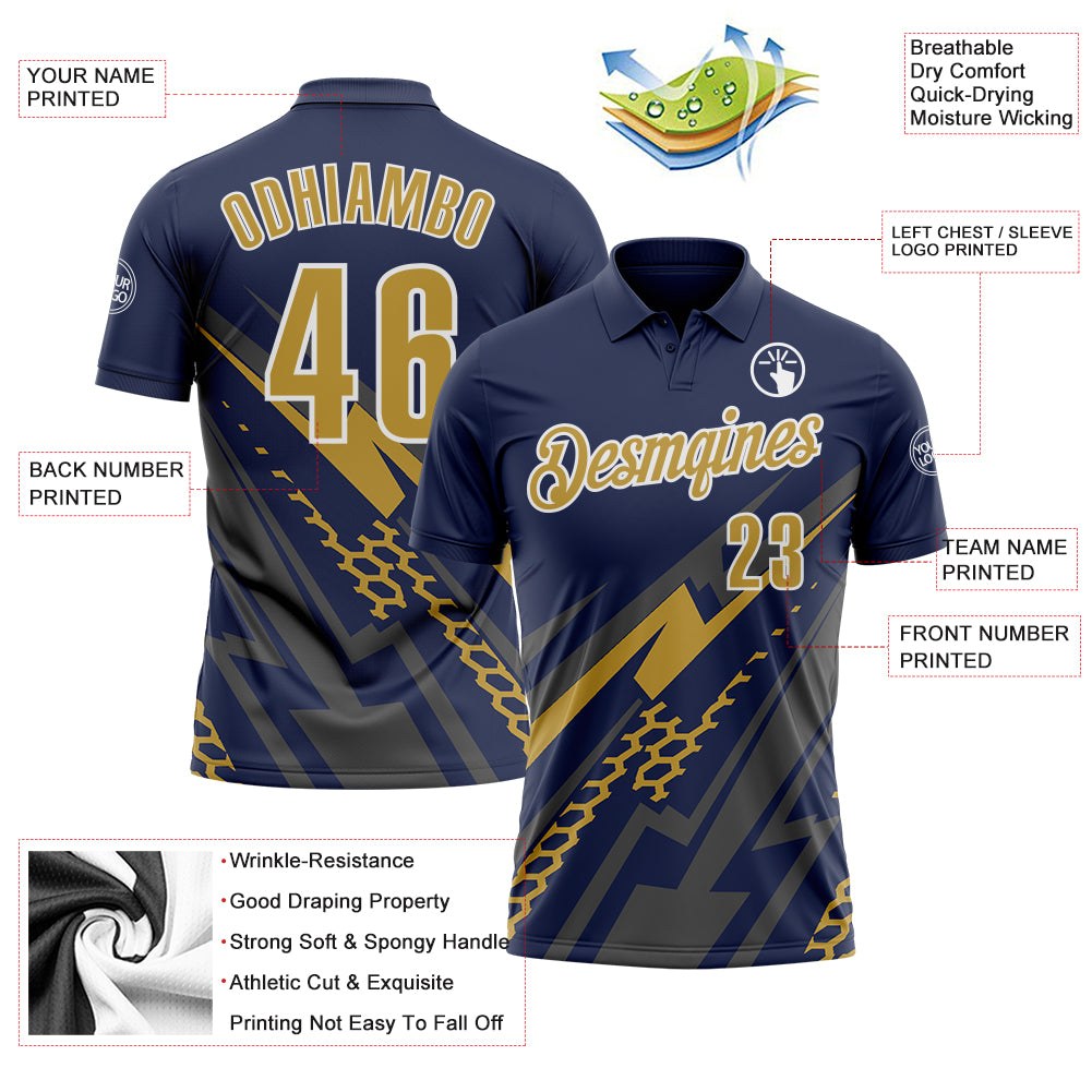 Custom Navy Old Gold Gray-White Lightning Geometric Performance Polo Shirt photo 3