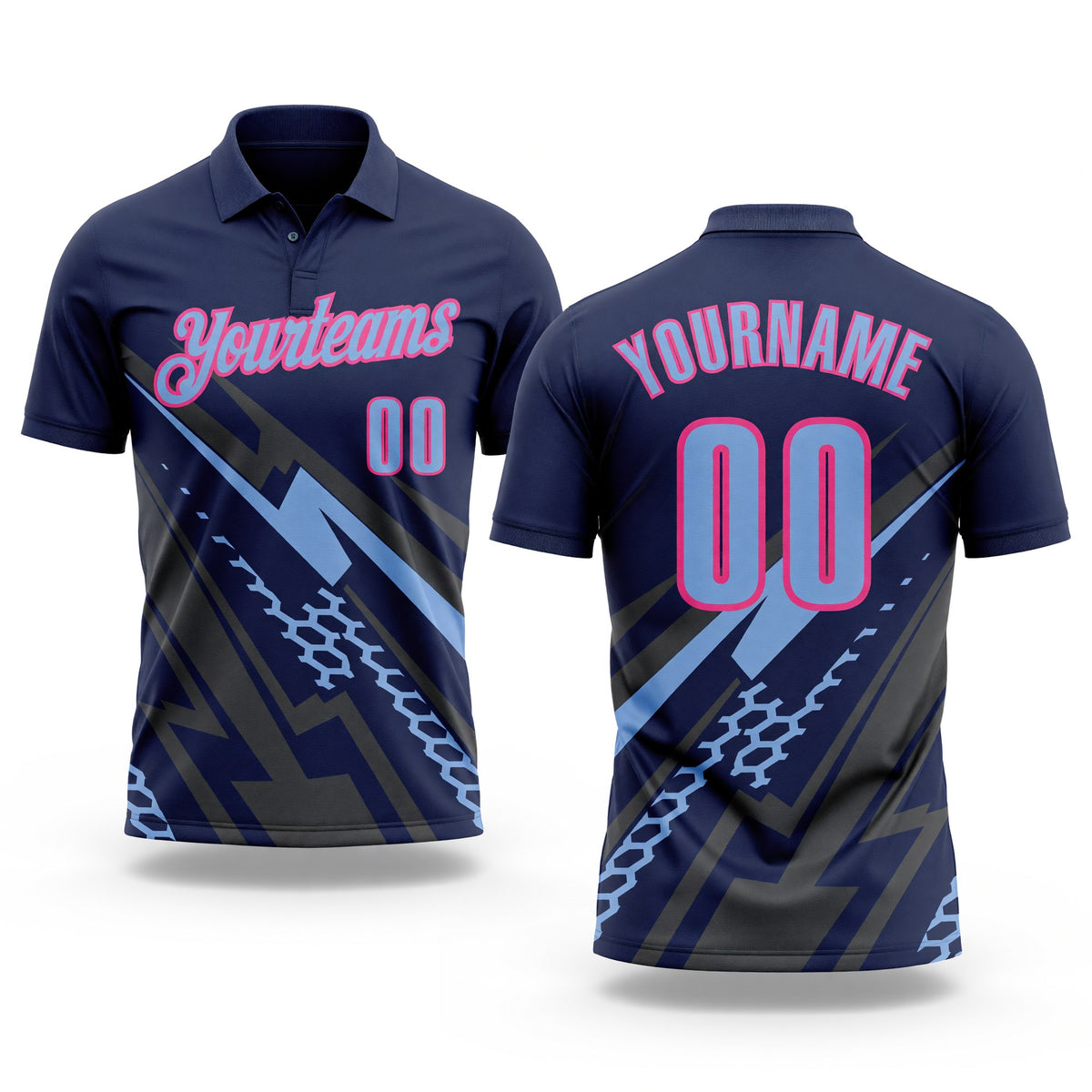 Custom Navy Light Blue Gray-Pink Lightning Geometric Performance Polo Shirt