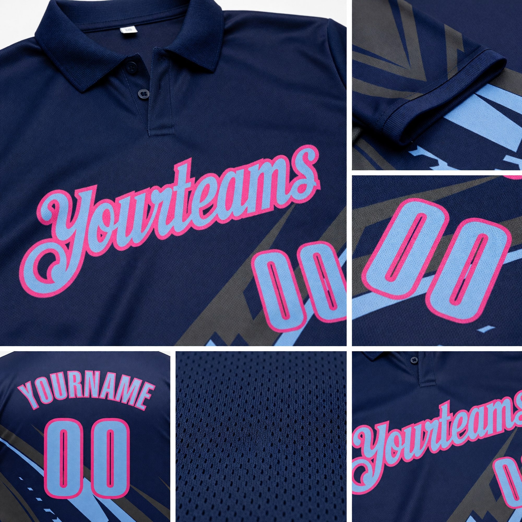 Custom Navy Light Blue Gray-Pink Lightning Geometric Performance Polo Shirt detail