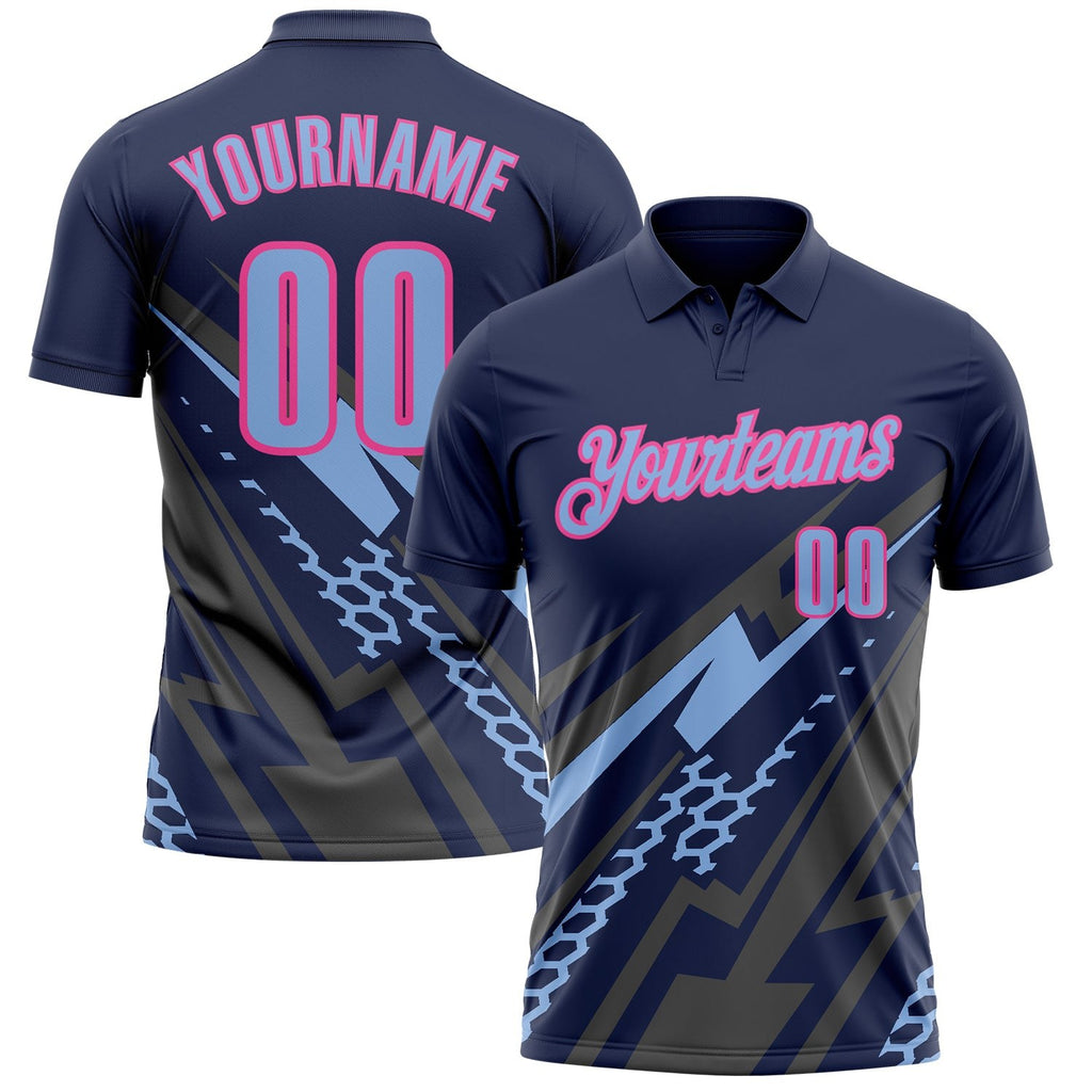 Custom Navy Light Blue Gray-Pink Lightning Geometric Performance Polo Shirt photo 1