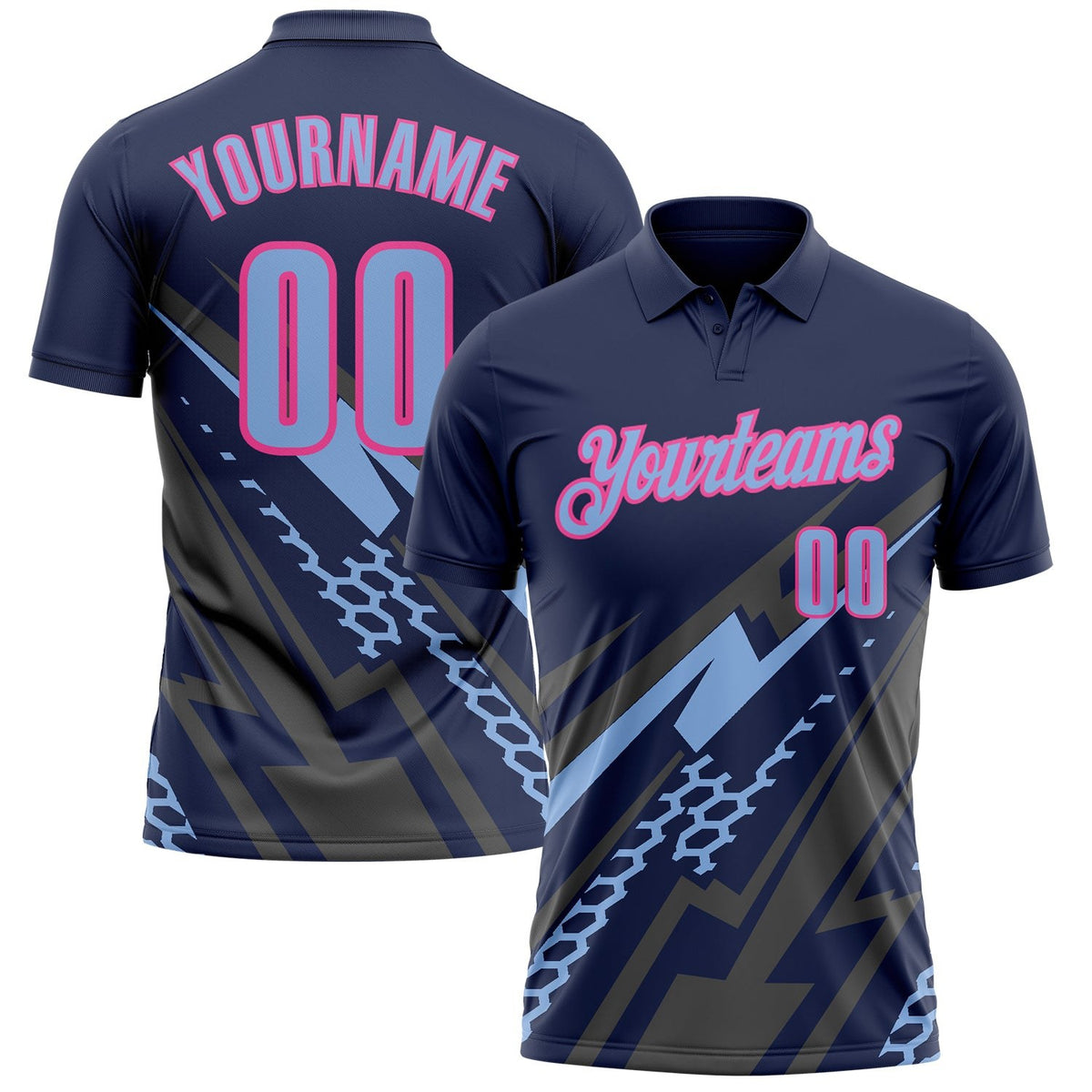 Custom Navy Light Blue Gray-Pink Lightning Geometric Performance Polo Shirt photo 1