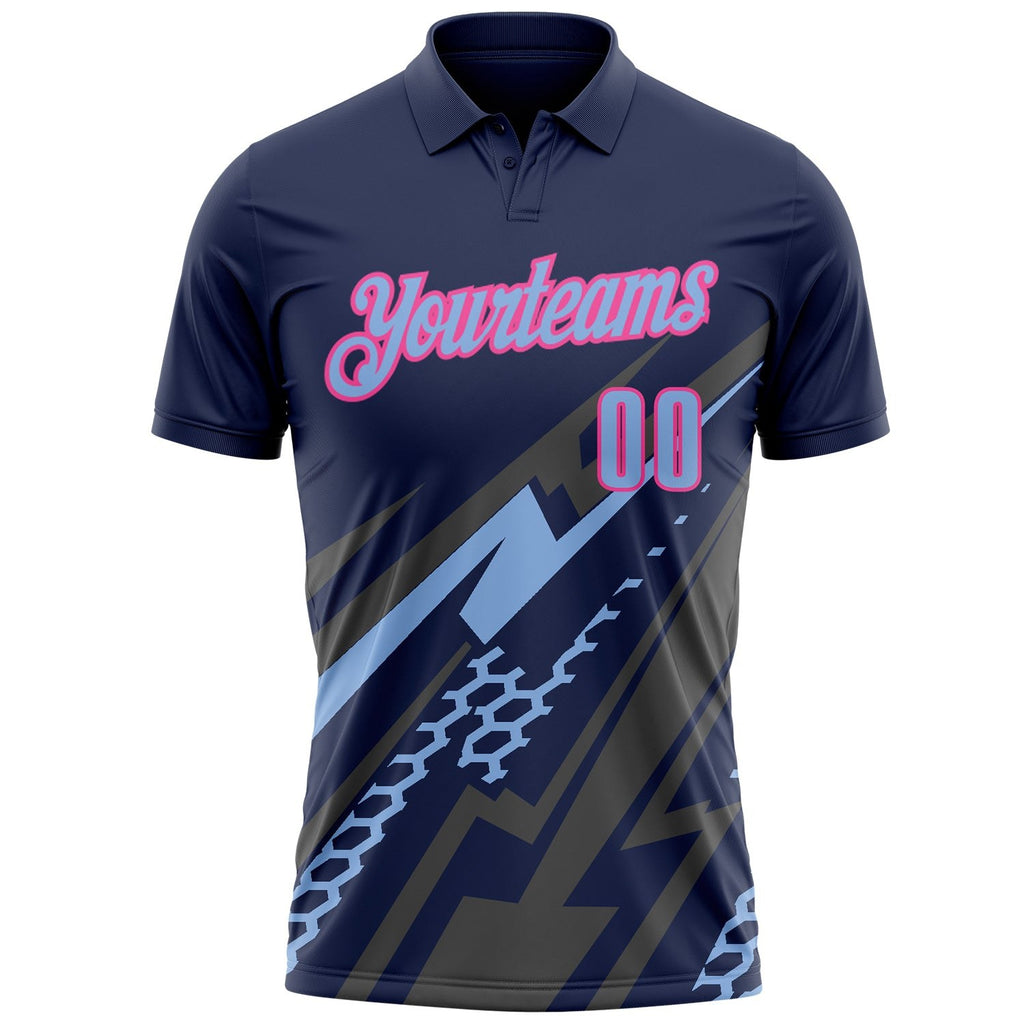 Custom Navy Light Blue Gray-Pink Lightning Geometric Performance Polo Shirt photo 2