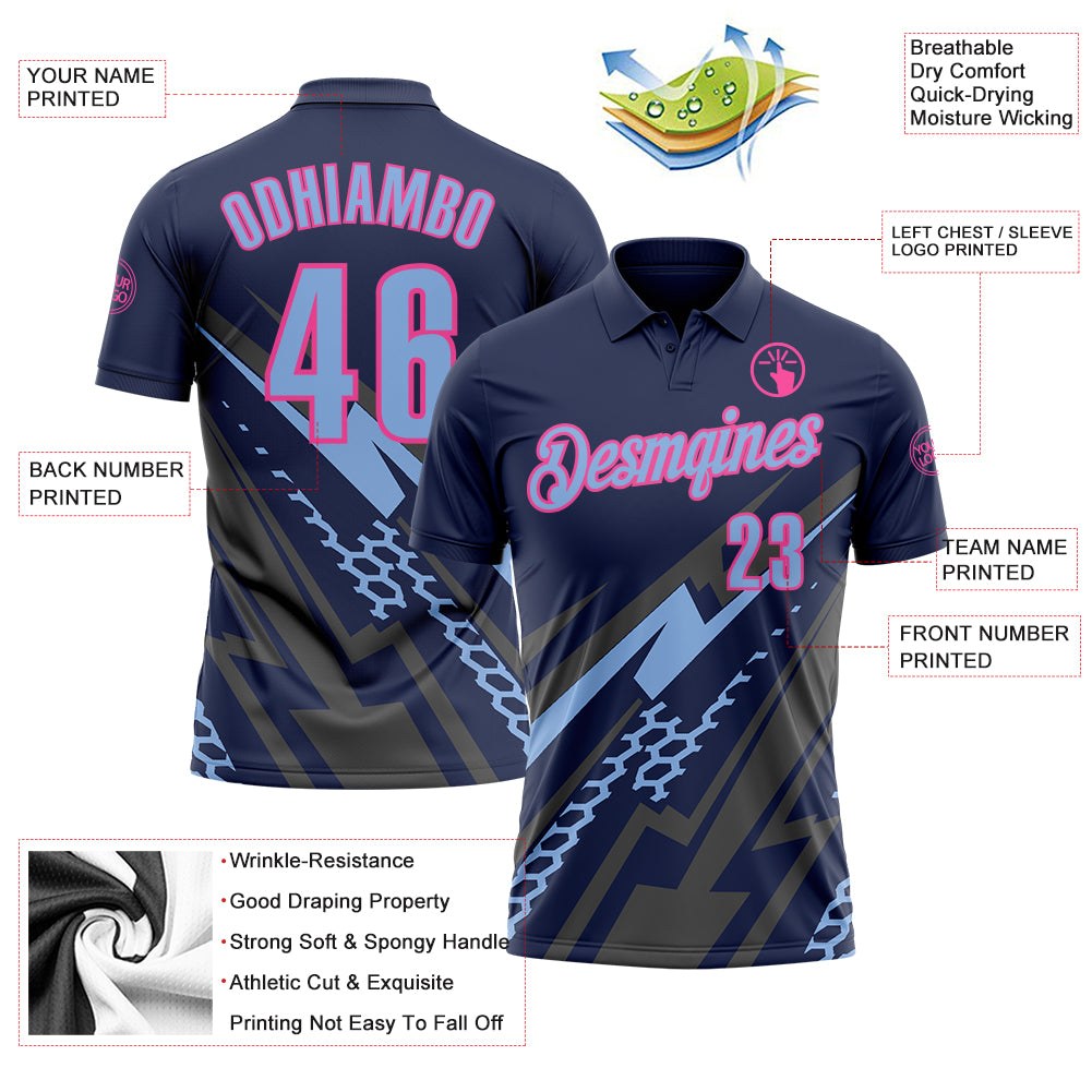 Custom Navy Light Blue Gray-Pink Lightning Geometric Performance Polo Shirt photo 3