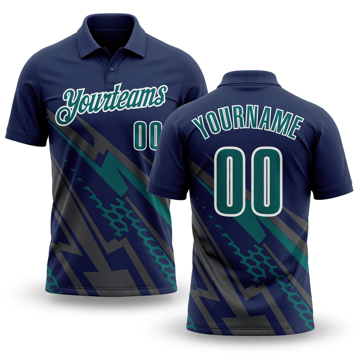 Custom Navy Teal Gray-White Lightning Geometric Performance Polo Shirt