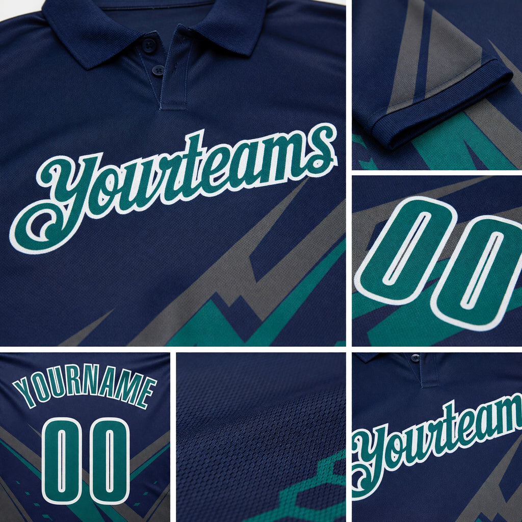 Custom Navy Teal Gray-White Lightning Geometric Performance Polo Shirt detail