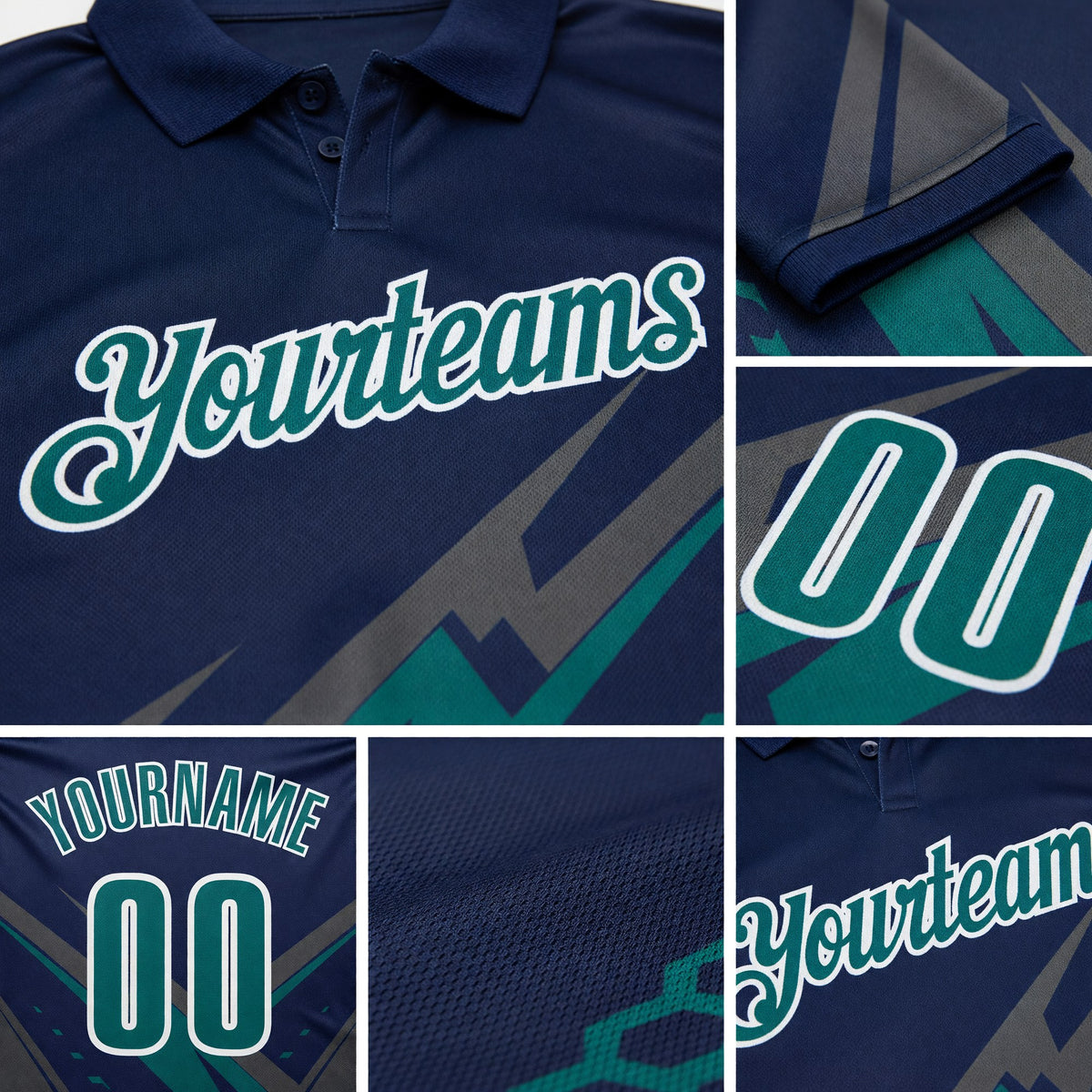 Custom Navy Teal Gray-White Lightning Geometric Performance Polo Shirt detail