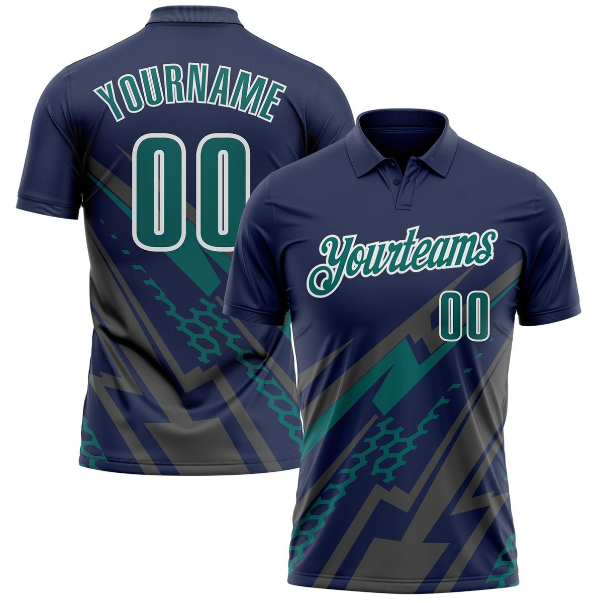 Custom Navy Teal Gray-White Lightning Geometric Performance Polo Shirt photo 1