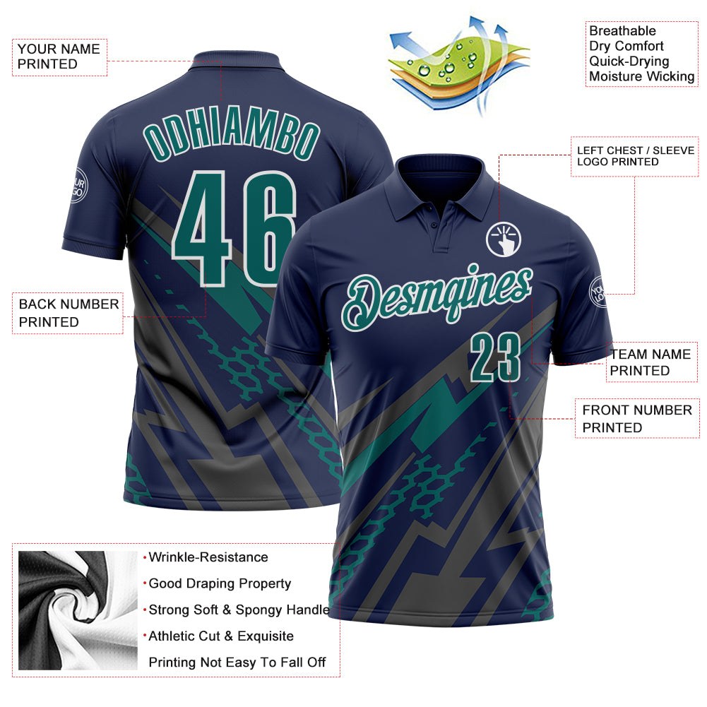 Custom Navy Teal Gray-White Lightning Geometric Performance Polo Shirt photo 3