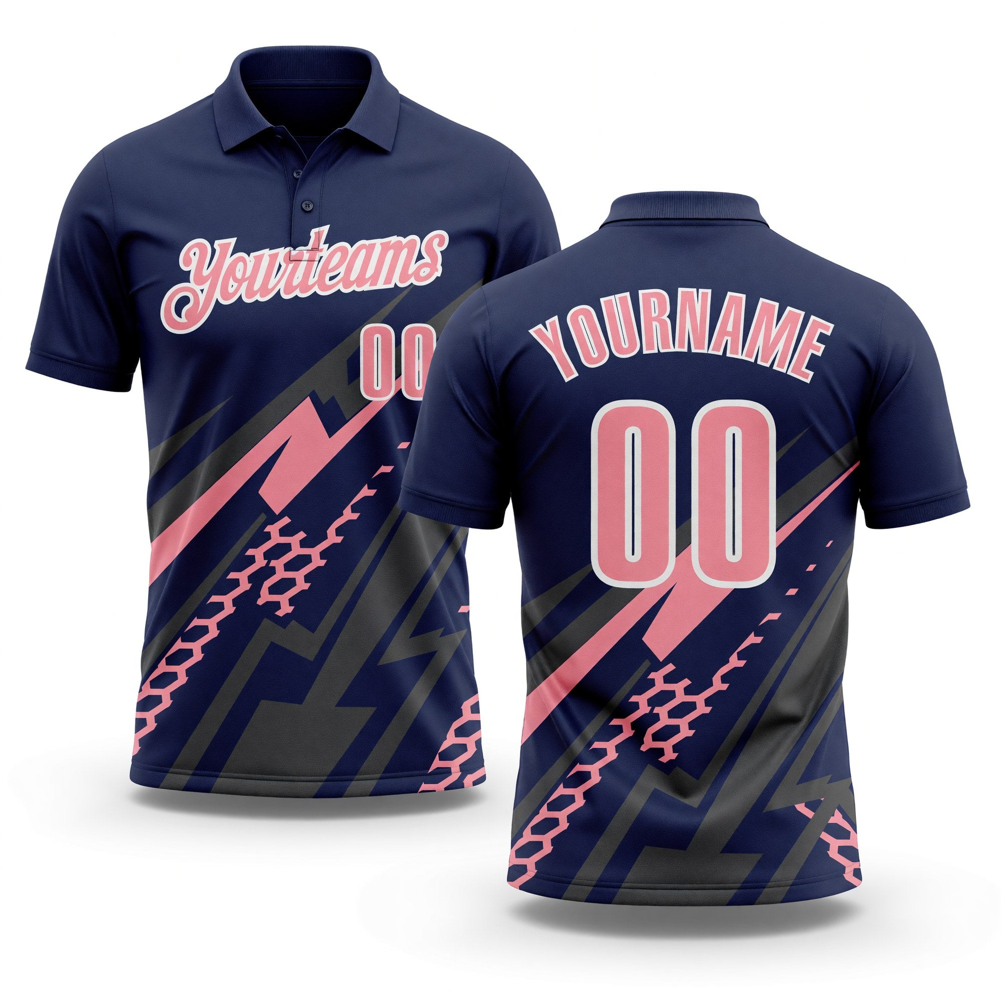 Custom Navy Medium Pink Gray-White Lightning Geometric Performance Polo Shirt