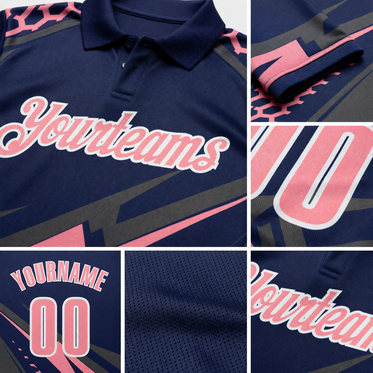 Custom Navy Medium Pink Gray-White Lightning Geometric Performance Polo Shirt detail