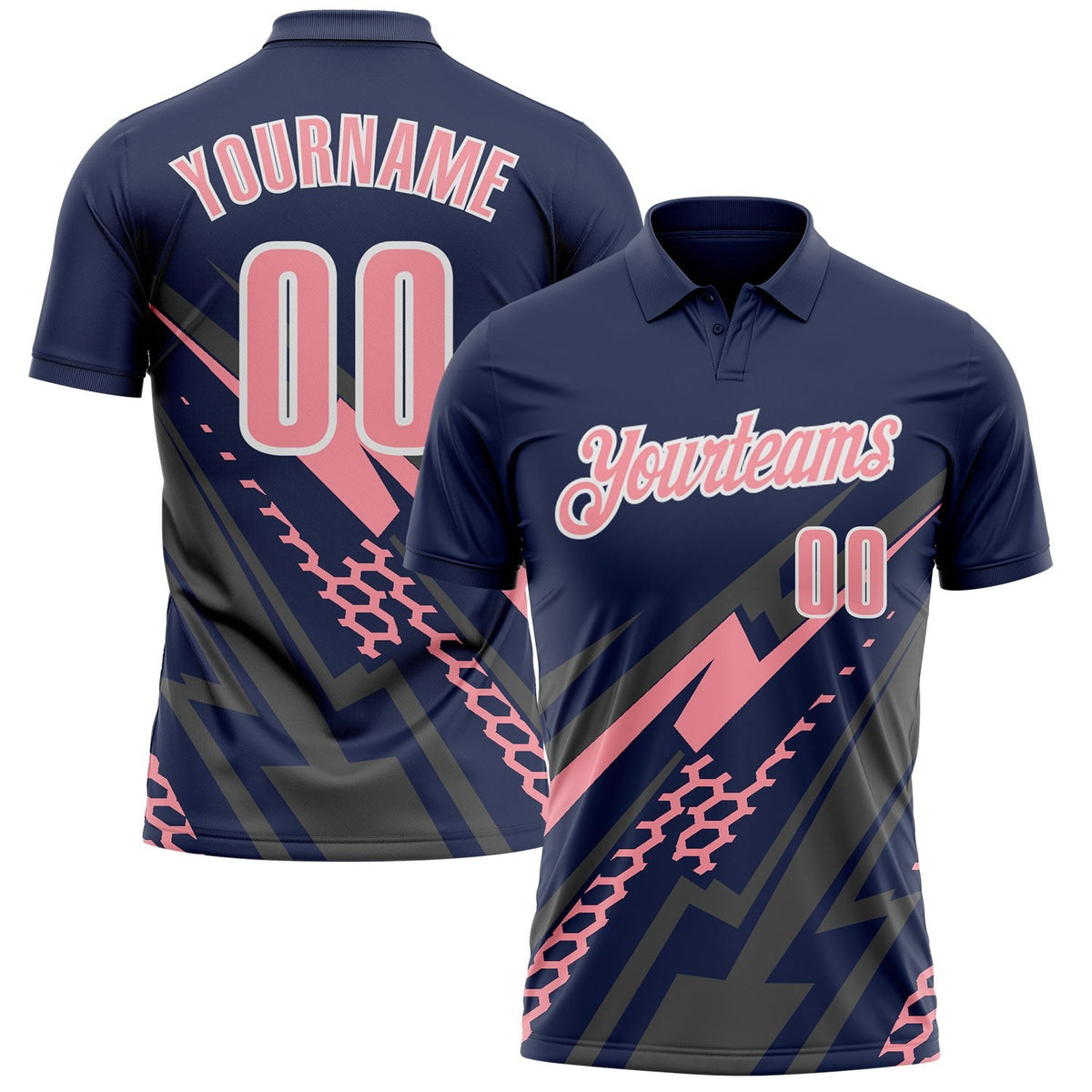 Custom Navy Medium Pink Gray-White Lightning Geometric Performance Polo Shirt photo 1