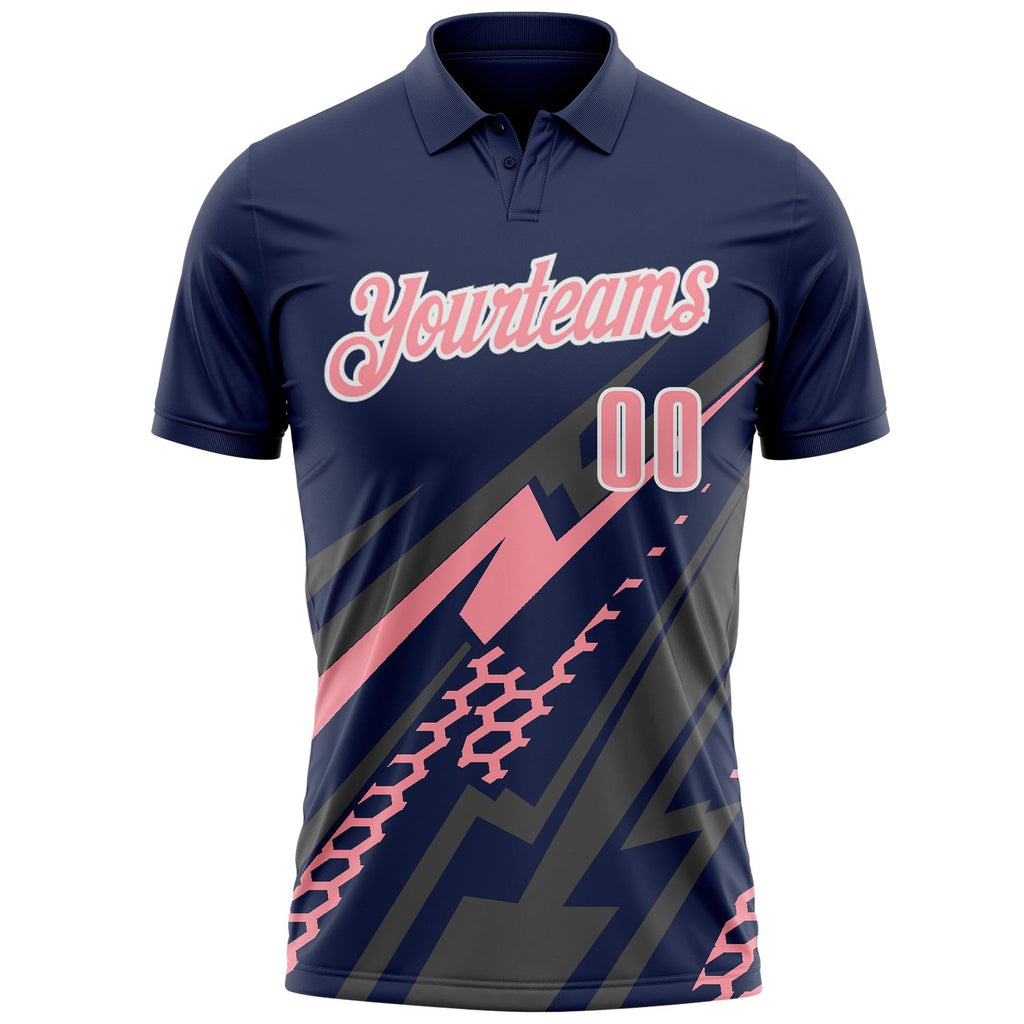 Custom Navy Medium Pink Gray-White Lightning Geometric Performance Polo Shirt photo 2