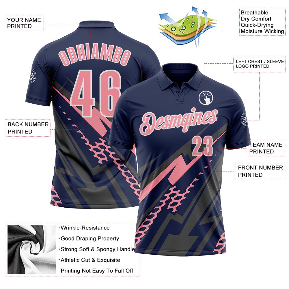 Custom Navy Medium Pink Gray-White Lightning Geometric Performance Polo Shirt photo 3