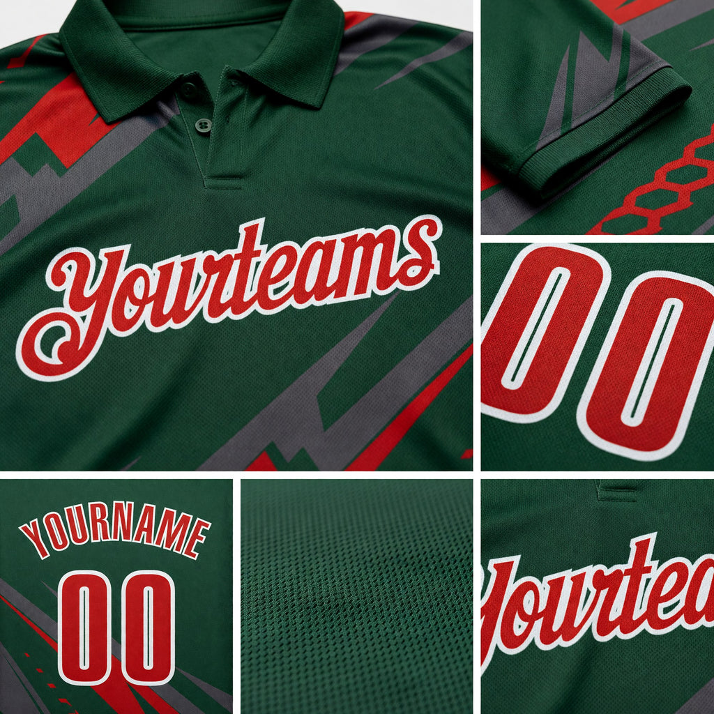 Custom Green Red Gray-White Lightning Geometric Performance Polo Shirt detail